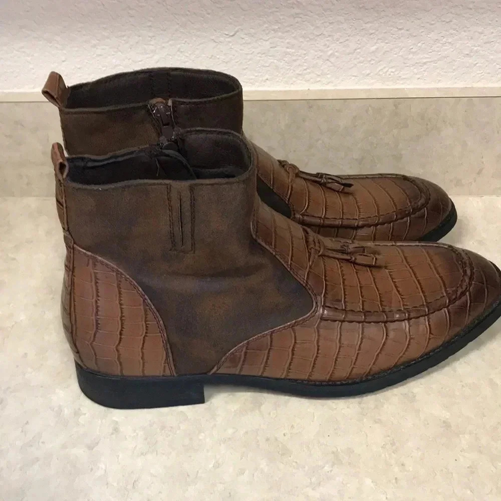 Chukka Brown‎ Two Tone PU Leather Alligator Tassel Ankle Boots - Picture 5 of 12